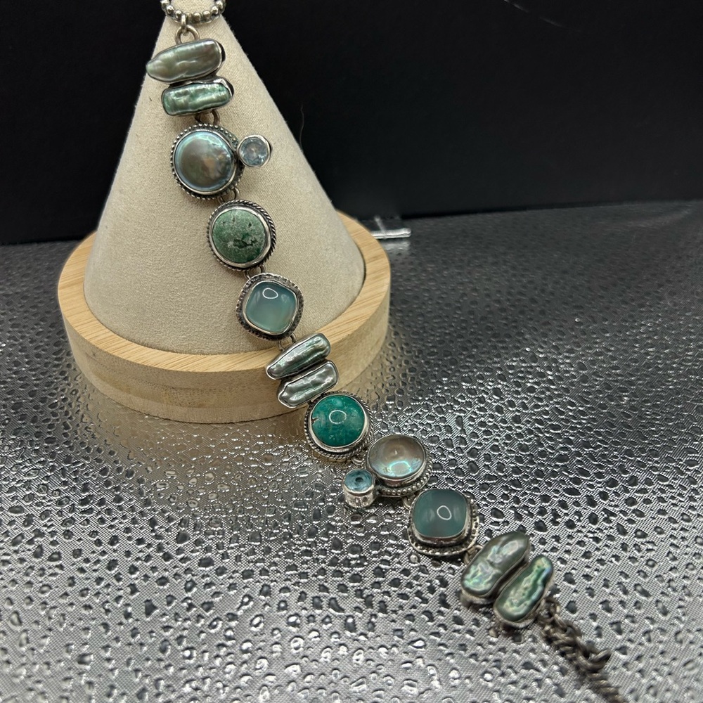Silver and Green Bracelet with Natural Stone Highlights